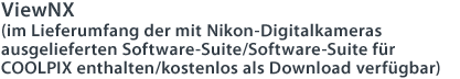 View NX (im Lieferumfang der mit Nikon-Digitalkameras ausgelieferten Software-Suite/Software-Suite für COOLPIX enthalten/kostenlos als Download verfügbar)