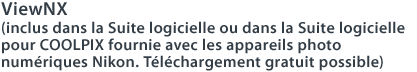 ViewNX (inclus dans la Suite logicielle ou dans la Suite logicielle pour COOLPIX fournie avec les appareils photo numériques Nikon. Téléchargement gratuit possible)